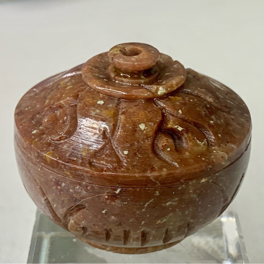 Brown Soapstone Hand Carved Lidded Trinket Box Miniature Round Dome Lid 1.6" VTG - Picture 7 of 16